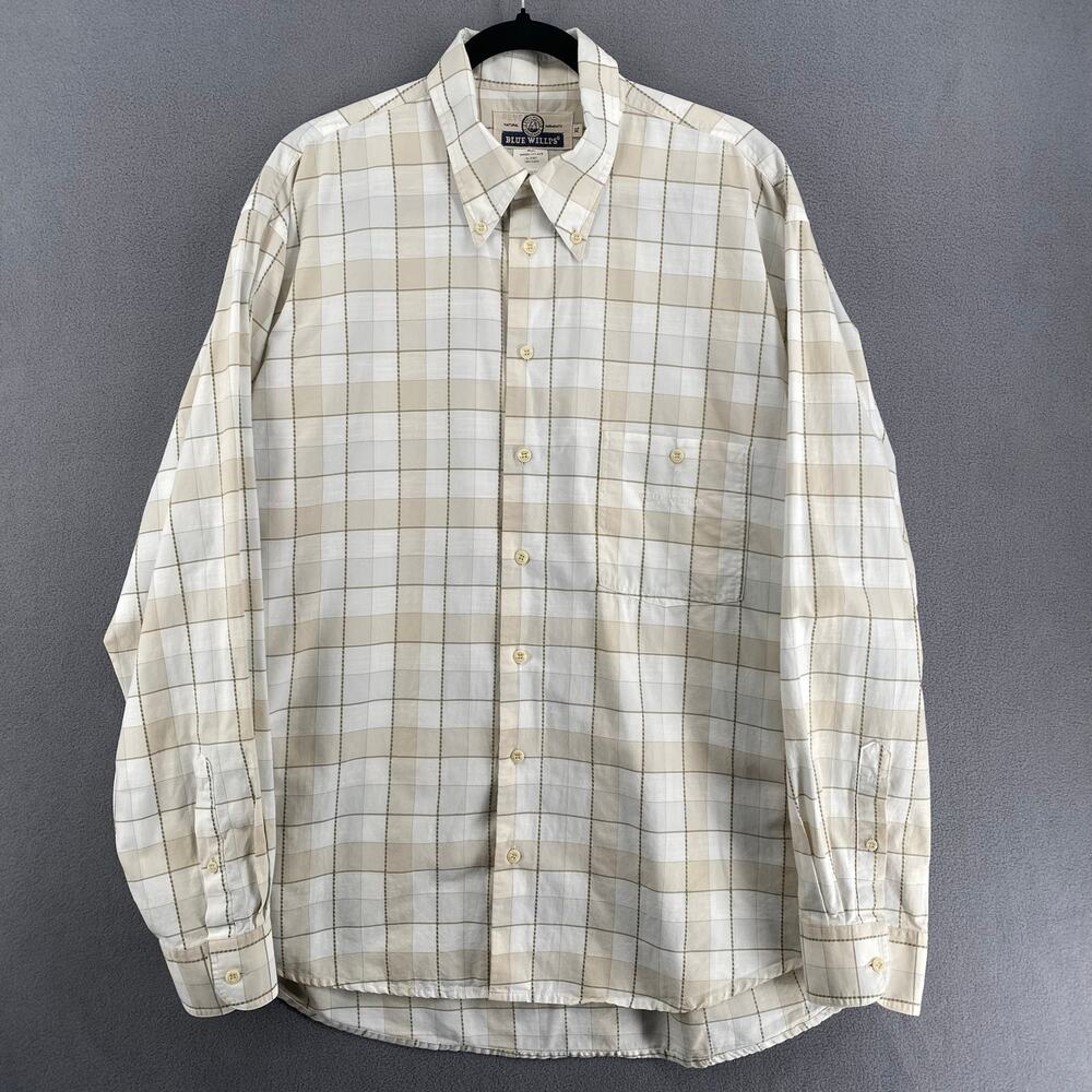 Blue Willis Danish Cotton Button Down Shirt Mens XL Tan Plaid Denmark‎ Neutral